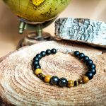 Bransoletka męska/unisex - handmade - Hemamtyt, black stone, tygrysie oko, skamieniałe drewno
