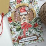 Kartka świąteczna z jeleniem w czapce Mikołaja - Jasnokremowe wnętrze kartki i tył etykietki