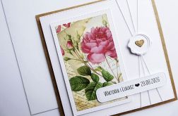 Rustykalna kartka ślubna z różą z życzeniami