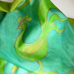 Zielony Ptak, duża jedwabna malowana chusta