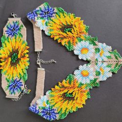 Komplet "Bukiet Słoneczny" naszyjnik i bransoletka z kwiatami z koralików