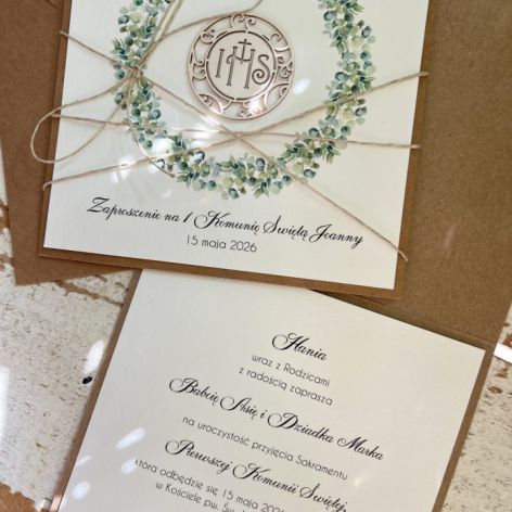 Zaproszenia komunijne z personalizacją z wiankiem