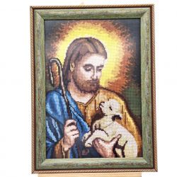 Obraz Ręcznie Haftowany Jezus z Barankiem 40x30 cm Religijna Dekoracja 