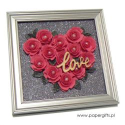 Walentynki Serce z róż w ramce dla kochanej osoby - różowe róże srebrne brokatowe tło