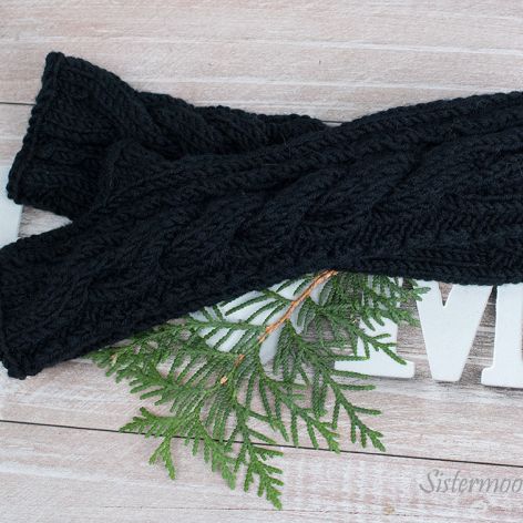 Długie czarne mitenki merino z warkoczem
