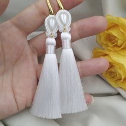 Ślubne kolczyki perłowe boho chwosty frędzle