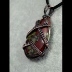 Miedziany wisior z heliotropem wire wrapped - Oxidized copper wire pendant with Bloodstone gift for her gift for mom, wire wrapped, without chain, Heliotrope, Birthstone for March