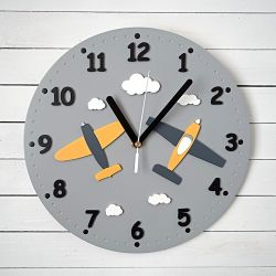 Zegar szary dla dzieci z samolotami i chmurkami