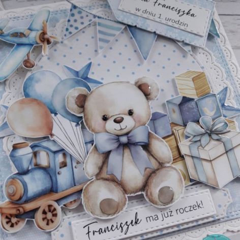 Kartka na roczek dla chłopca z misiem, personalizacja