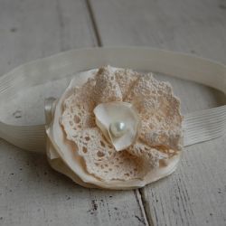 Retro opaska niemowlęca "Kremowa satyna z koronką"