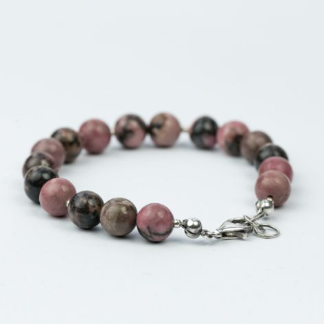 Bransoletka rodonit 8mm, na nadgarstek 15-16,5cm, srebro oksydowane pr.925