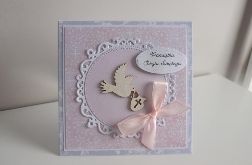 Kartka na Pamiątkę Chrztu Świętego z gołabkiem na rozetce