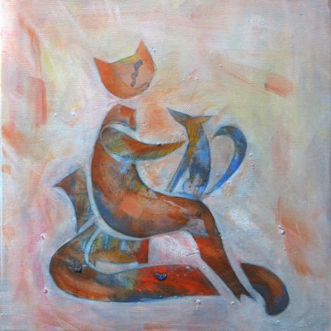 Kotka i piesek, obraz malowany na płótnie