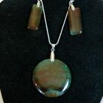 Zielono-pomarańczowy agat pajęczy, wisior i kolczyki, zestaw biżuterii - 