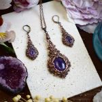 Wiktoriański miedziany zestaw - kolczyki i wisiorek z ametystem #S2 - 