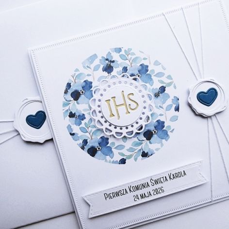 Kartka na Komunię ręcznie robiona niebieska