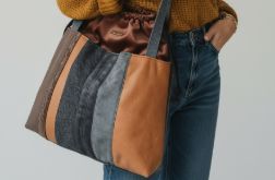 Szaro-brązowa duża torba z kominem patchwork
