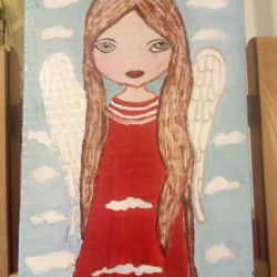 Anioł w czerwonej sukience na desce - obraz