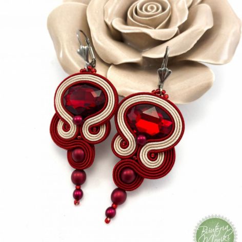 Kolczyki soutache krem i intensywna czerwień 