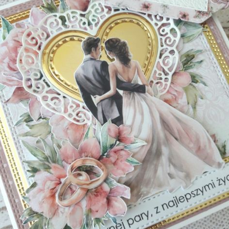 Kartka ślubna w różu i złocie, z kieszonką