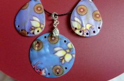 Niebieska masa perłowa w kwiaty, wisior i kolczyki, zestaw biżuterii