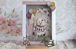 Kartka na roczek Vintage Baby Girl Miś