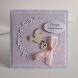 Kartka na Pamiątkę Chrztu Świętego z gołabkiem na rozetce