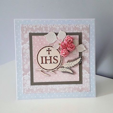 Kartka Komunia Święta IHS różowa różyczki