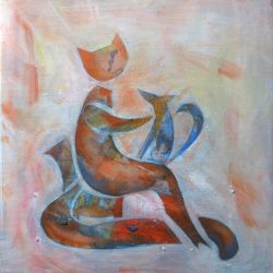 Kotka i piesek, obraz malowany na płótnie