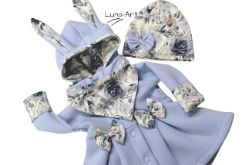 Komplet płaszczyk z uszkami czapka chustka błękit r.68/74