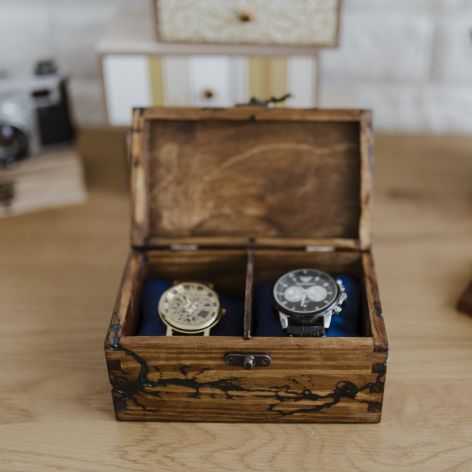 Pudełko dwukomorowe na dwa zegarki drewniane naturalne