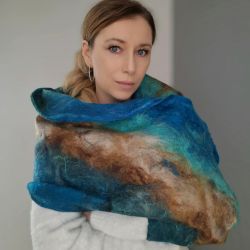 SZALIK WEŁNIANY CIEPŁY ZIMOWY TURKUS Z BRĄZEM