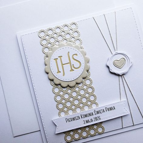 Skromna kartka na Komunię biało-beżowa 