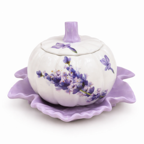 Gipsowy świecznik na podstawce w stylu prowansalskim z lawendowym dekorem, ręcznie wykonany