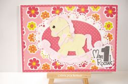 Kartka na roczek różowa z konikiem