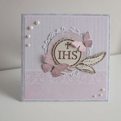 Kartka Pierwsza Komunia Święta z motylkami