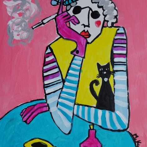 obraz do salonu babcia z kotkiem i papierosem