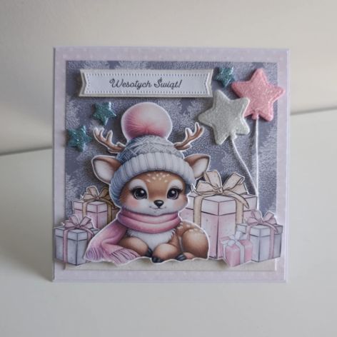 Kartka świąteczna Boże Narodzenie renifer z prezentami