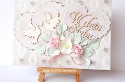 Kartka ślubna z serduszkami różowa 2