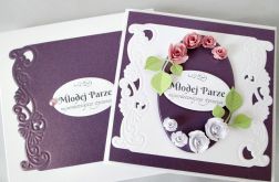 Kartka MŁODEJ PARZE fioletowa z różyczkami