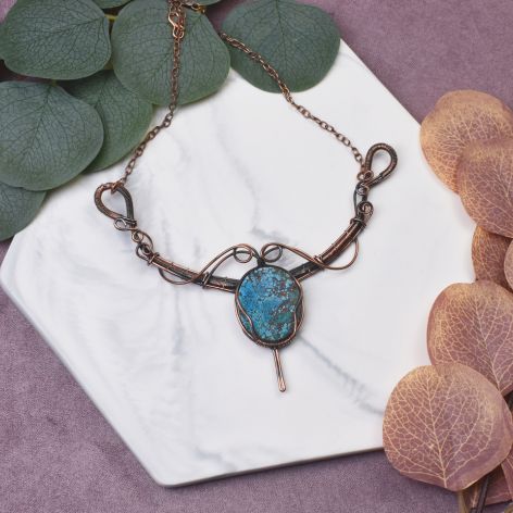 Miedziany naszyjnik wire wrapping z turkusem #488