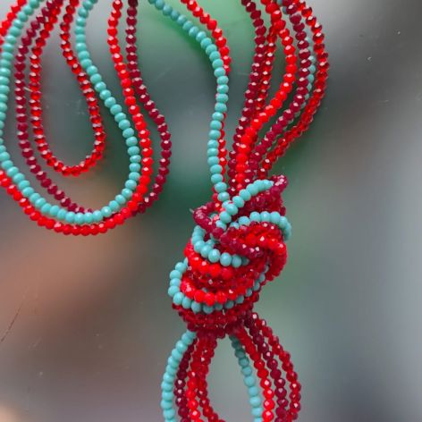 Naszyjnik Korale Sznury Kryształki Czerwone Turkusowe
