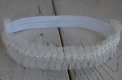 Perełki & tiul w bieli - diadem/opaska niemowlęca