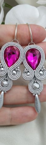 Soutache sutasz kolczyki klipsy srebrne róż