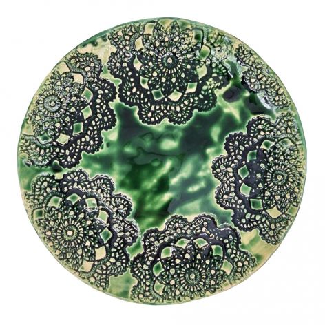 Talerz Ceramiczny Zielony Rękodzieło Średnica 25 cm Unikatowy Wzór 