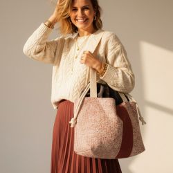 Duża torba z kominem XL – szary welur i ruda plecionka | Handmade