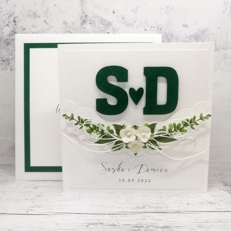 kartka ślubna inicjały biało zielona SLB 111