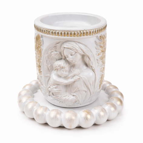 Świecznik dekoracyjny z Matką Boską i Dzieciątkiem – biały gipsowy, ręczna robota