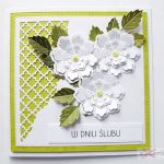 Kartka W DNIU ŚLUBU limonkowo-biała - Kartka ślubna z białymi kwiatami