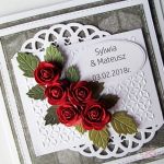Kartka ŚLUBNA biało-grafitowa - Pamiątka Ślubu z czerwonymi różami